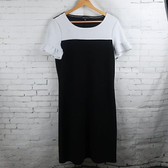 SLINKY BRAND BLACK & WHITE COLORBLOCK ROUND NECK RUFFLE SLEEVE SHIFT DRESS - Picture 1 of 6